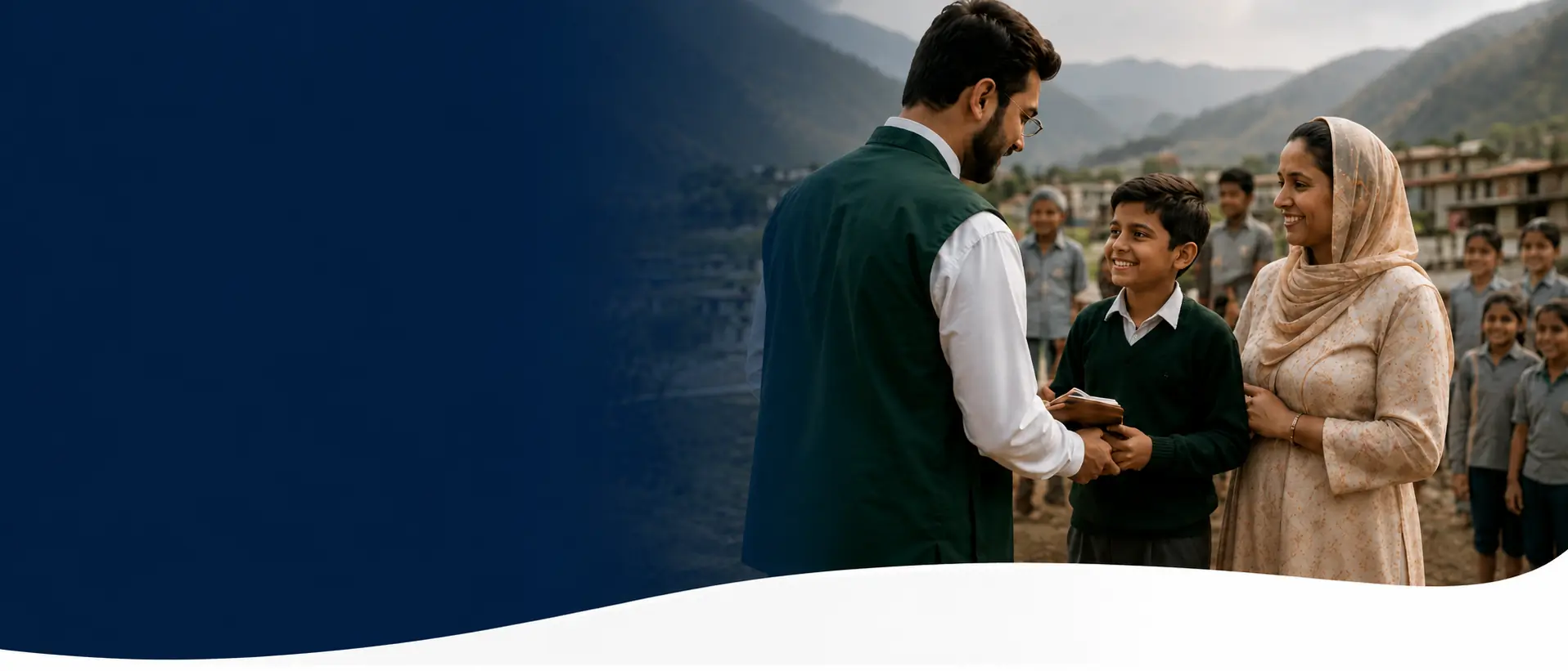 A foundation representative meeting a student and his family