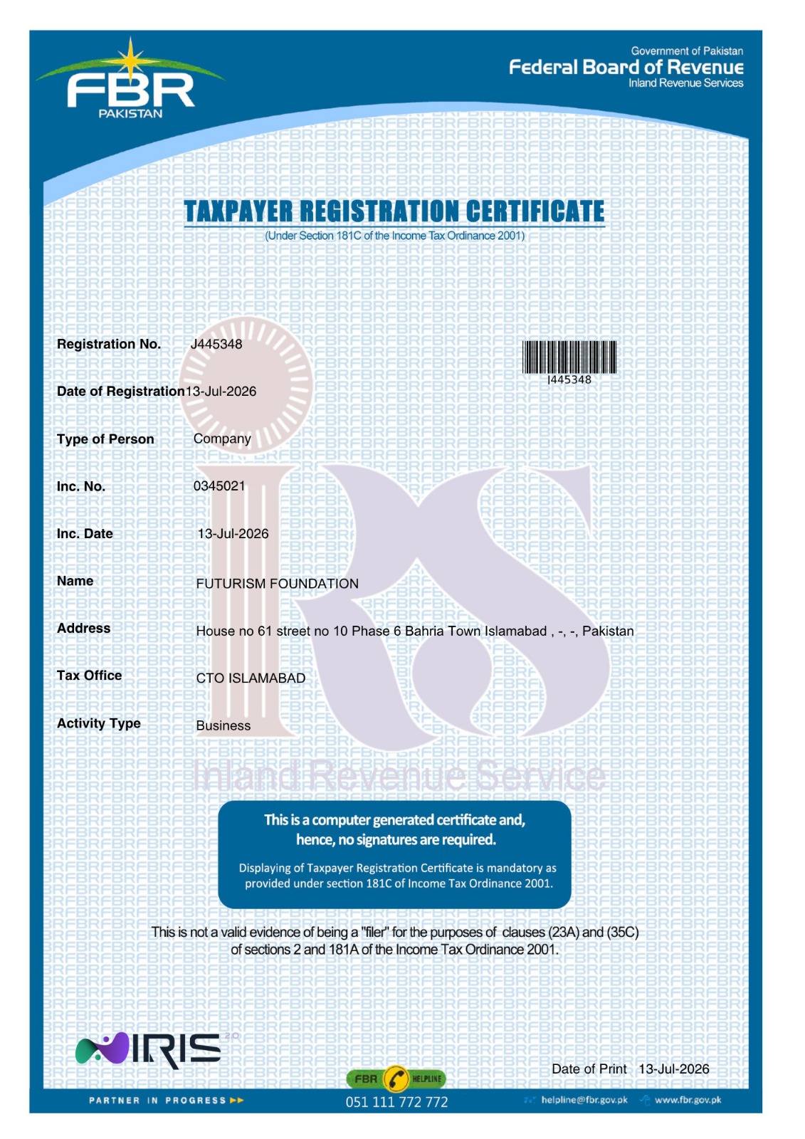 FBR Taxpayer Registration Certificate for Futurism Foundation